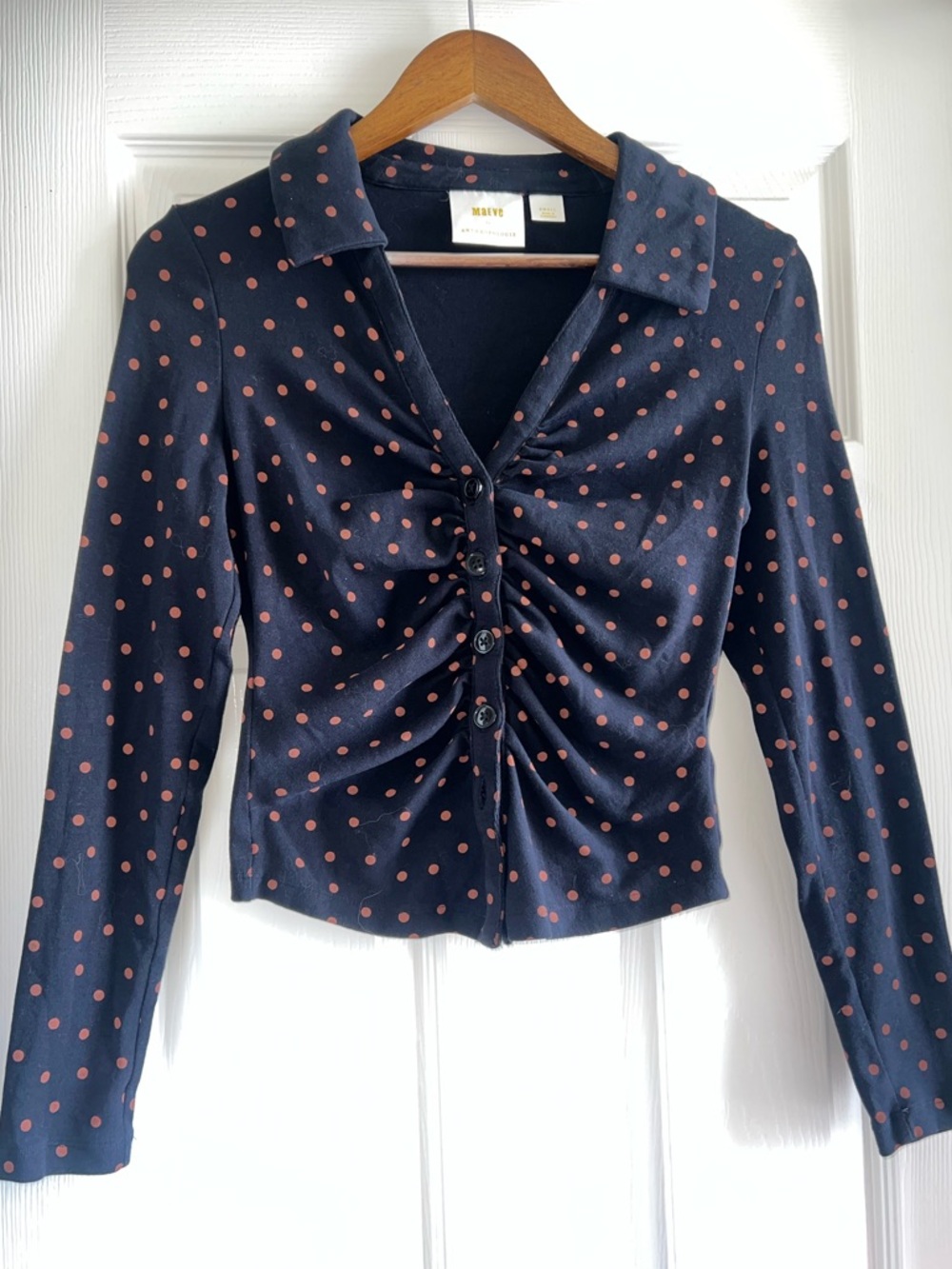 Maeve Navy Long-Sleeve Polka Dot Ruched Button Top